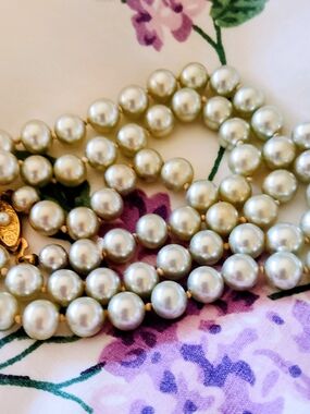 Faux Pearls (Greenish- Grey) Hand Knitted Necklace With Gold-Tone Hardware